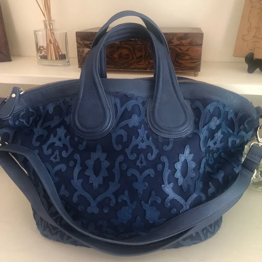 Blue Vachetta Scroll Leather & Lace Satchel Tote Bag - Picture 1 of 14